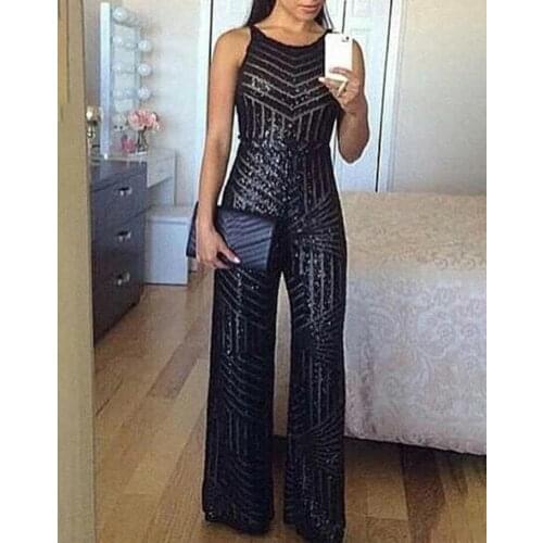 Women Glitter Round Neck Sleeveless Sequins Jumpsuit