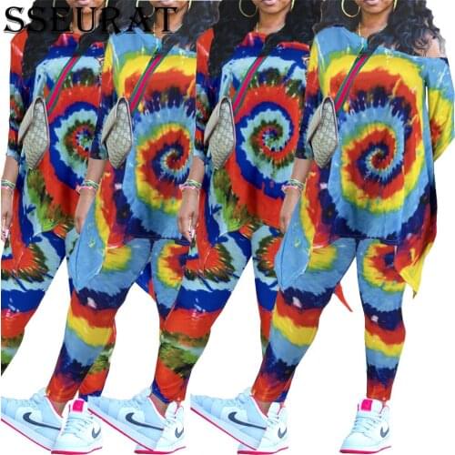 SSEURAT Women Set Tie-dye Print One-shoulder Loose Blouse and Pants Two Piece Suit Tracksuit Autumn Outfits