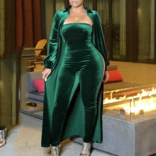 Sexy Women Two Piece Outfits Velvet Slim Fit Tube Top Jumpsuit Maxi Long Jacket Party Club Streetwear Lounge Wear Set Spring Fal