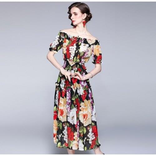 Runway Summer Off Shoulder Maxi Dress Womens Puff Sleeve Elastic Waist Flower Print Bohemian Silk Long Dress k8282