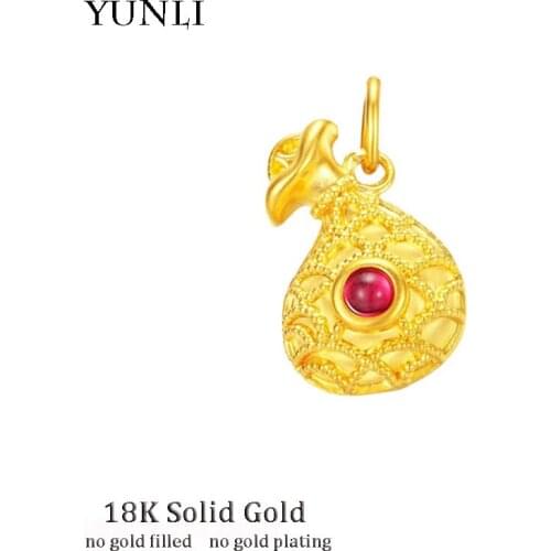 YUNLI Real 18K Gold Pendant Necklace Red Agate Stone Bag Design With Pure AU750 Chain for Women Fine Jewelry Wedding Gift PE003
