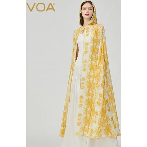 VOA Autumn New Silk Georgette coat women Spring/Autumn Print Yellow Hooded Lace-up Resin Fixation Sweet Joker Long Coat WE128