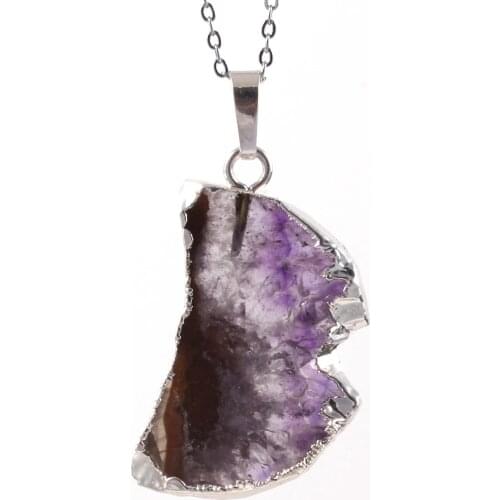 100-Unique 1 Pcs Trendy Silver Plated Irregular Shape Natural Amethysts Crystal Pendant Necklace Half Moon Jewelry