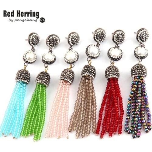 Free shipping Fashion Handmake Paved Freshwater Pearl and Crystal Tassel Earring