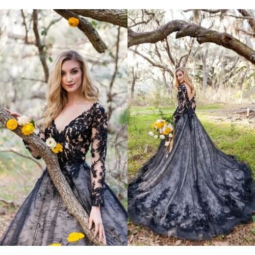 Black lace Gothic Wedding Dresses With Long Sleeves Sexy Deep V neck Low Back Women Non White country boho Bridal Gowns
