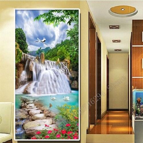 Diy diamond painting waterfall swan flower pattern 5d diamant embroidery spring Handmade large size natural landscape art F2941