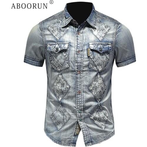 ABOORUN Mens Summer Denim Shirts Vintage Boat Printed Patchwork Denim Shirts Casual Cotton Shirts for Male