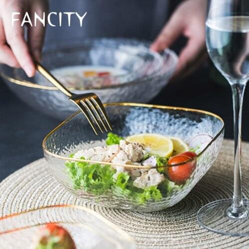 FANCITY Japanese Creative Phnom Penh Hammer Pattern Transparent Large Square Bowl Vegetable Salad Bowl Fruit Bowl Soup Bowl