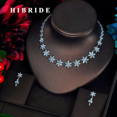 HIBRIDE Clear Cubic Zirocnia Bridal Jewelry Set White Gold Color Drop Earring Necklace Set Fashion Parure Bijoux Femme N-611