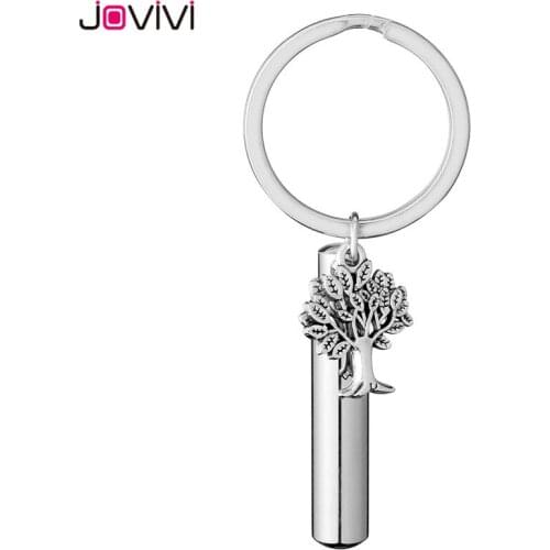 JOVIVI Stainless Steel Tree of Life Cylinder Capsule Locket Cremation urn Keychains Keepsake Memorial Ashes Filler Key Chain