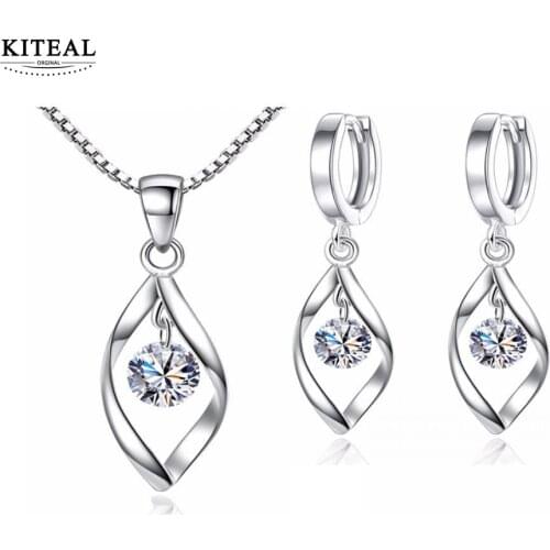 KITEAL Fashion 925 jewellery charms Female silver necklace earrings twist crystal jewelry set anel de ouro accessories