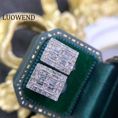 LUOWEND 100% 18K Solid White Gold Au750 Women Stud Earrings Real Natural Diamond Earring Fashion Square Design Luxury