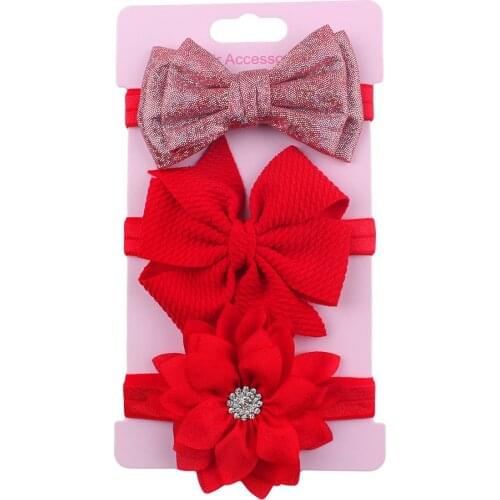 Fashion 3pcs/lot Shiny Flower with Rhinestone Kid Headband Double Bows Baby Girls Headwear Christmas Gift for Birthday Party