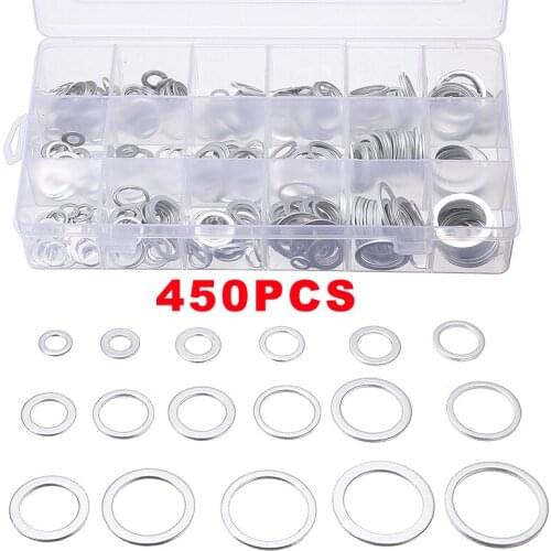 450pcs Aluminum Sealing Rings Set 18 Sizes Oil Drain Flat Gaskets Washers Replacing Engine Oil Drain Plug Crush Flat Gasket