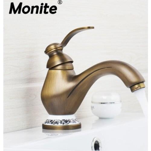 Small Antique Brass Spray Ceramic Bathroom Single Handle Deck Mounted Sink Basin Torneira Faucet Mixer Tap