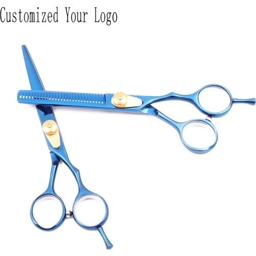 Hair Scissors 5.5" Engrave Logo JP Satinless Blue Cutting Scissors Barber Thinning Shears Hairdressing Scissors C1020