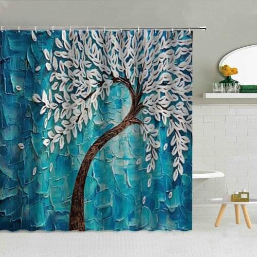 3D Printed Wall Relief Oil Painting Bathroom Decor Shower Curtain Colorful Creative Tree Flowers Polyester Bathtub Curtains Set