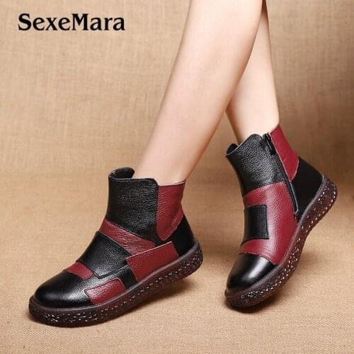 SexeMara Handmade Genuine Leather Ankle Boots Slip-on Retro womens Boots Flats Round Toe Women Shoes With Warm Plush size 35 41