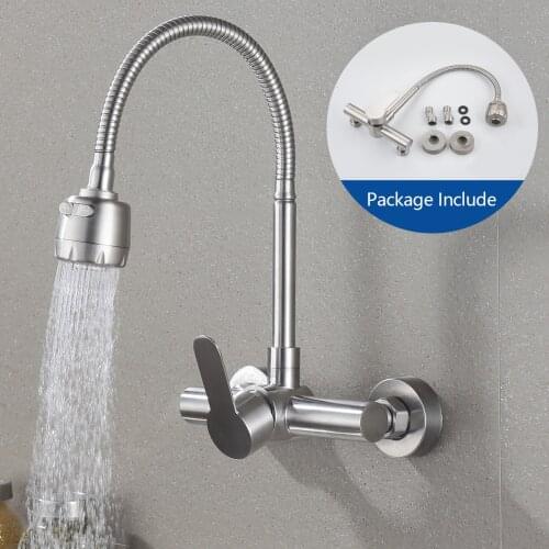 304 stainless steel Kitchen Mixers Faucet Wall Mounted Cold Hot Water Sink Tap 360 Degree Swivel Flexible Hose Double Holes