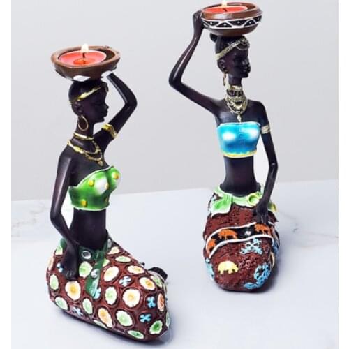2pcs Statue African Vintage Figurine Women Girls Tribal Lady Resin Candlestick Art Decor Ornament for African Home Decoration