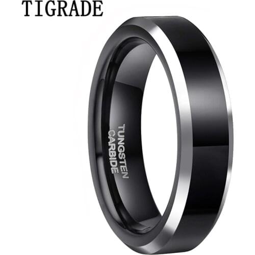 TIGRADE 6mm Black Unisex Rings Tungsten Carbide Polished Sliver Beveled Engagement Ring Men Wedding Band Couple Rings Man Ring