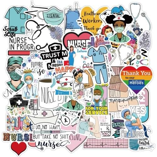 50pcs/SET Nurse Theme Sticker Waterproof for Car Laptop Skateboard Surfboard Luggage Bicycle Kids Toy Home Decor