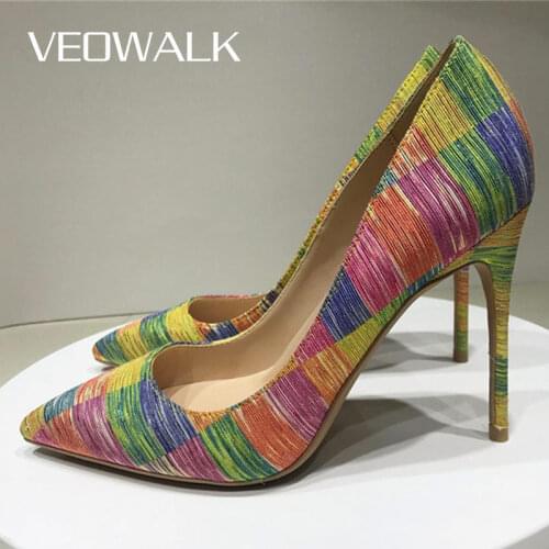 Veowalk Women Floral Canvas Pointed Toe Stiletto Super High Heels Sexy Ladies Chic Basic Pumps Night Club Shoes Size 33 45
