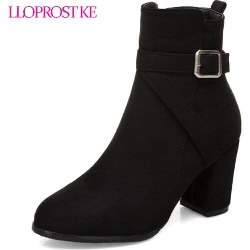 Lloprost ke Round Toe Female Winter Flock Zip Boots Ankle Boots For Women Square Heel Platform Boots botas mujer Size 33-52 D369