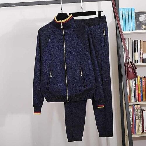 Dark Blue Bright Silk Knitted Tracksuits Set Women Loose Turtleneck Zipper Cardigan Sweater Long Pencil Pants 2pc Outfits Female