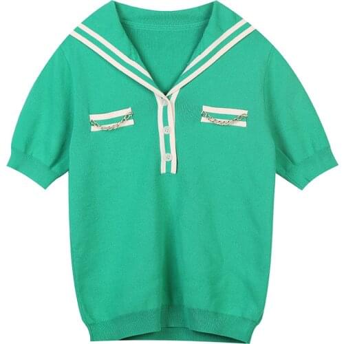 Knitted Sweater Pullovers Women 2021 Spring Summer Fashiion High Street Sailor Collar Chain Green Casual Clothes Y2K Tops Swetry