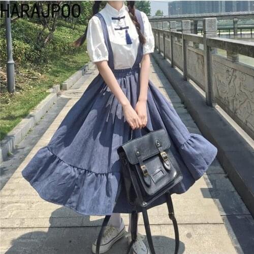 Harajpoo Women Dress College Style Summer New Retro Sweet Midi Strap Dresses Retro Wild Thin Shirt Harajuku One-piece Suit Tide