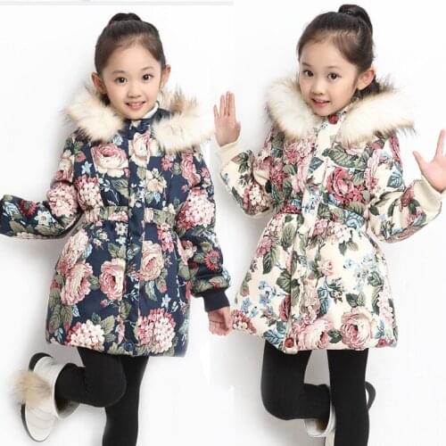 Winter Warm Girls Jacket 2021 Heavy Thicken Plus Fleece Long Style Hooded Flower Outerwear For Kids Coat Of Resistance To Cold