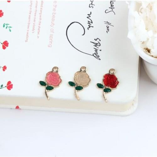 10PCS/Lot Valentines Day Rose Metal Charms Romantic Rose Flower With Green Leaves Enamel Pendants Fashion Jewelry Accessories