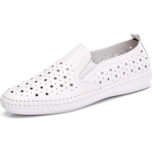 Spring Women Casual Flat Shoes Genuine Leather Ballet Flats Shoes Ladies Cut Out Slip On Brand Loafers Boat Shoes
