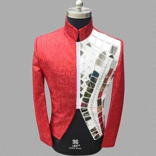 Sequins blazer men suits designs jacket mens stage costumes for singers clothes dance star style dress punk rock red splice