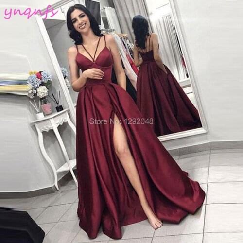 YNQNFS P51 Sexy High Leg Slit Halter Burgundy Satin Long Prom Dresses 2019