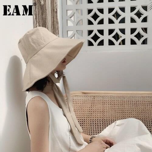 [EAM] 2021 New Spring Summer Round Dome Bandage Bow Big Foldable Temperament Fishermen Hat Women Fashion Tide All-match JS719