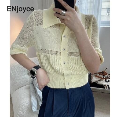 Summer French Retro Lapel Knitted Tshirt Women Vintage Short Sleeve Hollow T Shirt Fashion Thin Knit Cardigan Tee Crop Tops