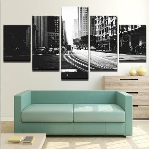Canvas Posters Home Decor Wall Art 5 Pieces Black And White City Streetscape Pictures HD Prints Tram Track Paintings(No Frame)