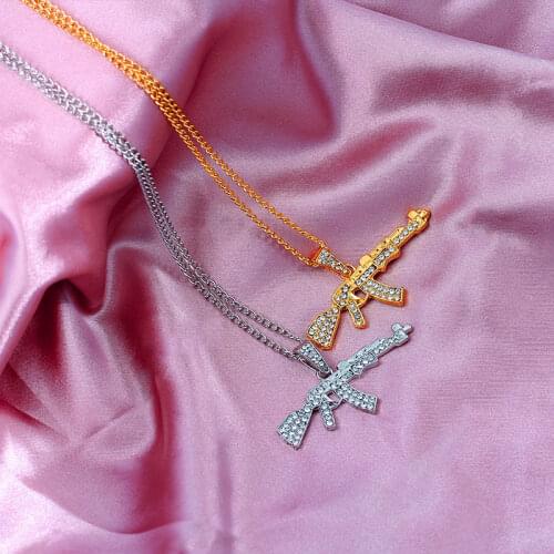 JJFOUCS Bling bling AK-47 Submachine Gun Crystal Pendant Necklace Gold Silver Color Metal Necklace Unisex Punk Hip Hop Jewelry