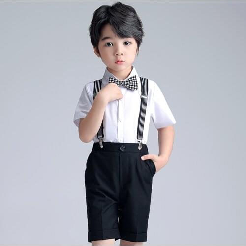 Boys T Shirt +Shorts+Suspender+Tie 4PCS Clothing Set Childrens Day Chorus Photograph Suit Kindergarten Kids Prom Dress Costume