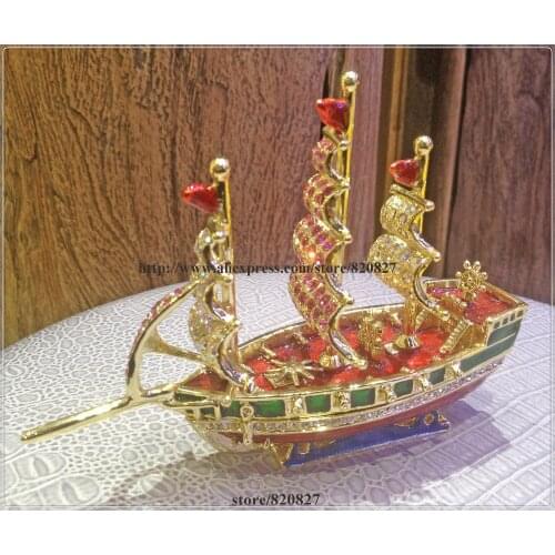 Ship Enamel Figurine with Crystals Trinket Pill Jewelry Box Ship Boat With Sails Rhinestone Bling Collectible Hinged Trinket