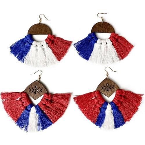 Red White Blue Cotton Tassel Macrame Wood Earrings for Women New Independence Day Festival Jewelry Rainbow Earrings Wholesale
