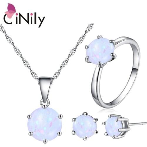CiNily Minimalist Jewelry Set White Fire Opal Stone Silver Plated Stud Earrings Ring Pendant Charm Birthday Gifts for Girl Lady