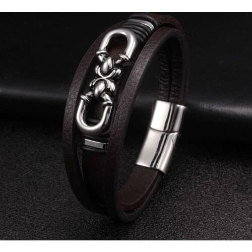 Multi-layer Brown Leather Shape Accessories Men Women Bracelets Stainless Steel Cuff Charm Bracelet For Special Birthday
