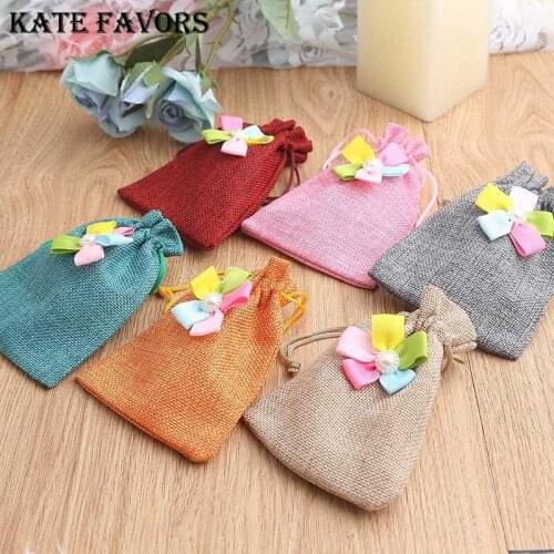 Fahsion Jute Gift Bag With Ribbon Flower 10x14cm pack of 5 Party Candy Sack Jewelry Packaging Pouch