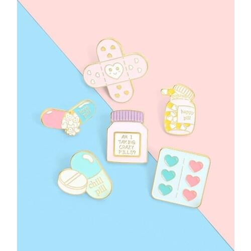 Cartoon Cute Pink Band-Aid Pill Bottle Enamel Brooch Love Heart Post-it Notes Pins Alloy Badge Clothes Accessories Woman Jewelry