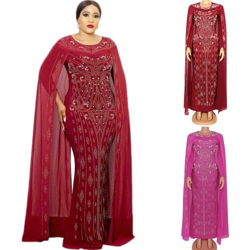 New African Dresses for Women Beads Sequins African Clothes Plus Size Bazin Women Sexy Slim Big Sleeve Africa Dress Luxury Dress