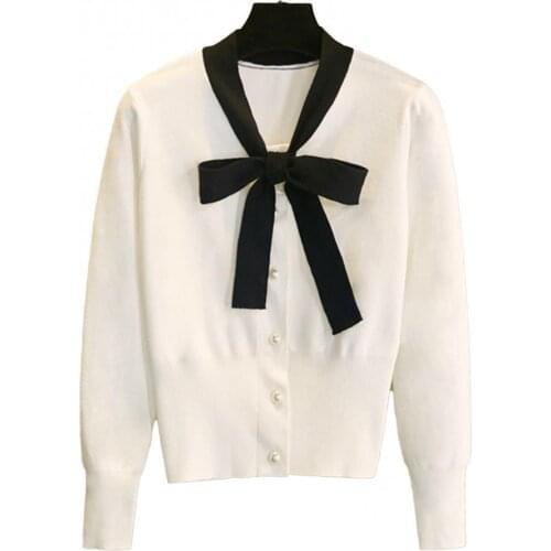 Autumn Women Long Sleeve Neck Tie Bowknot Knit Blouse Buttons Elegant Sweater Ladies Fashion Pullover Sweaters