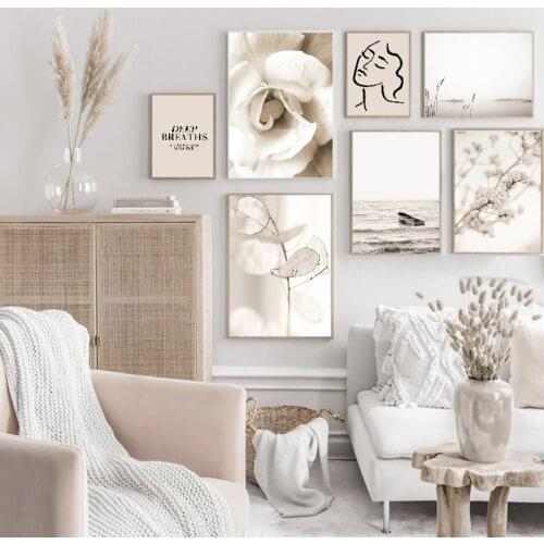 Simplicity Line Beige Reeds Botanical Flower Sea Landscape Plant Canvas Poster Print Wall Art Painting Nordic Decoration Picture